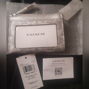New Coach Skinny ID Card Case With Keyring In Shimmer Grey/Silver Color